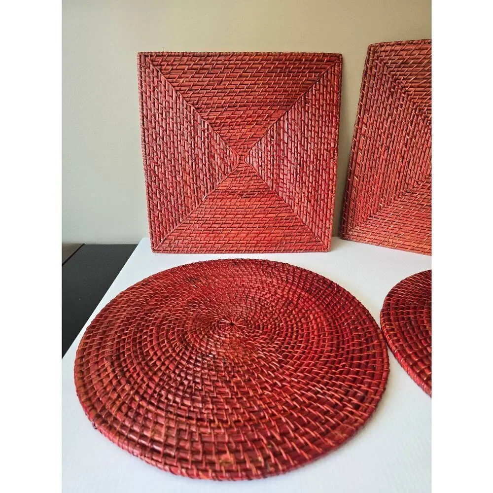 Rattan Placemats Set Red 2 Round 2 Square